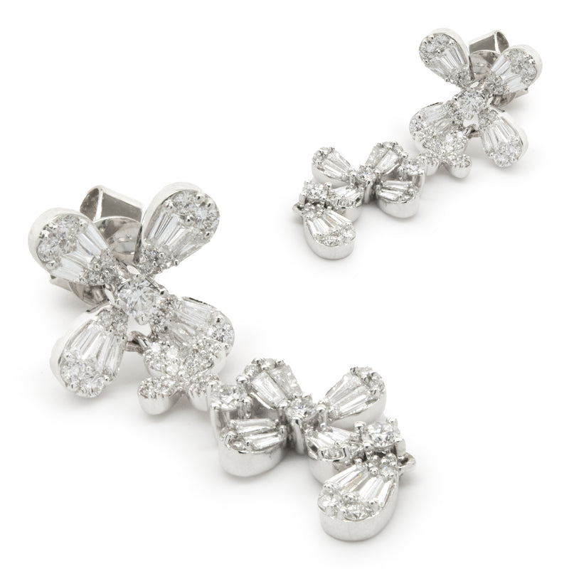 14 Karat White Gold Mosaic Set Diamond Flower Drop Earrings