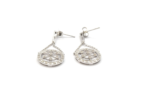 14k White Gold Diamond Circle Dangling Earrings