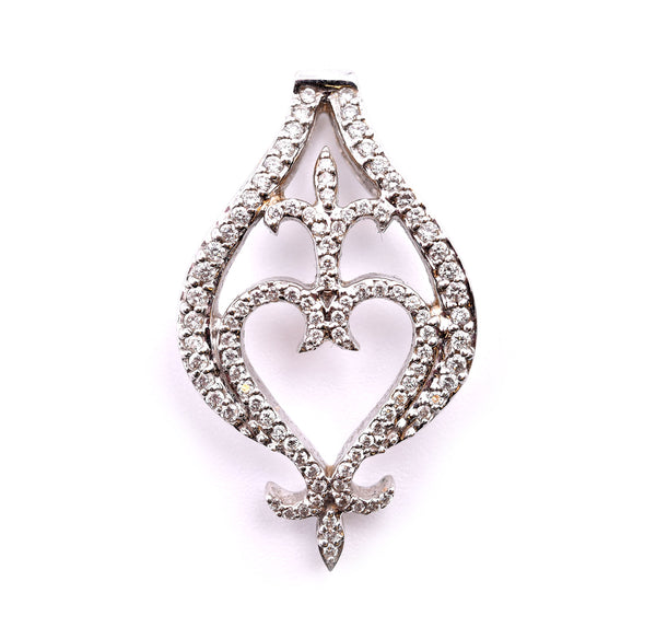 18k White Gold Diamond Fleur De Lis and Heart Pendant