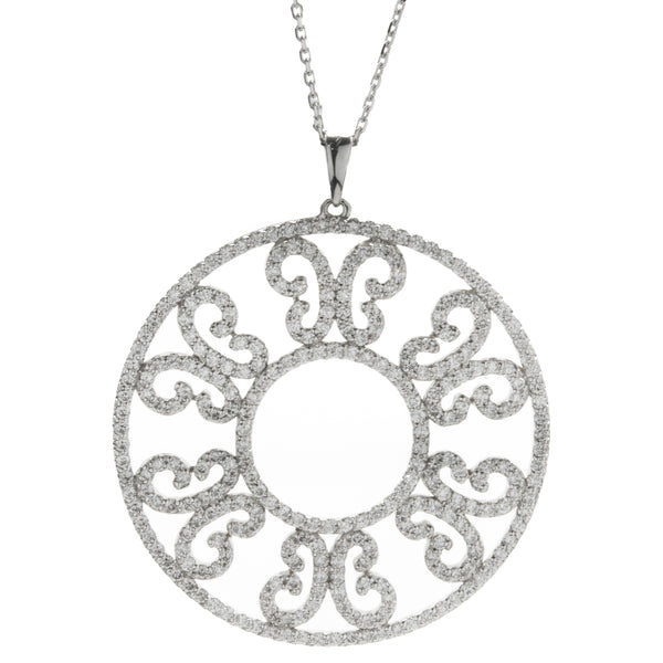 14 Karat White Gold Circle Diamond Filigree Necklace