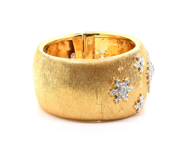 18 Karat Yellow Gold Wide Vintage Diamond Snowflake Cuff Bracelet