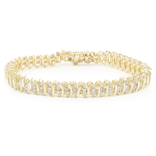 14 Karat Yellow Gold Triple Row Diamond S Link Bracelet