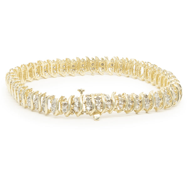 14 Karat Yellow Gold Triple Row Diamond S Link Bracelet