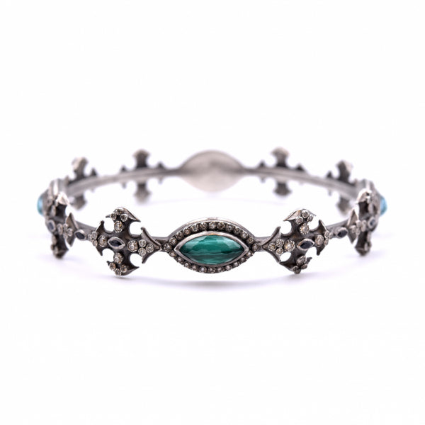 Armenta New World Sterling Silver, Malachite, Sapphire and Champagne Diamond Bangle