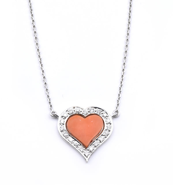 Fred 18 Karat White Gold Coral and Diamond Heart Necklace