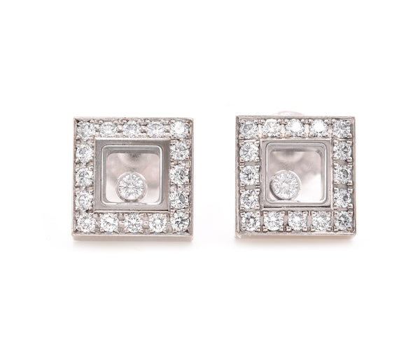 Chopard 18 Karat White Gold Happy Diamond Square Stud Earrings