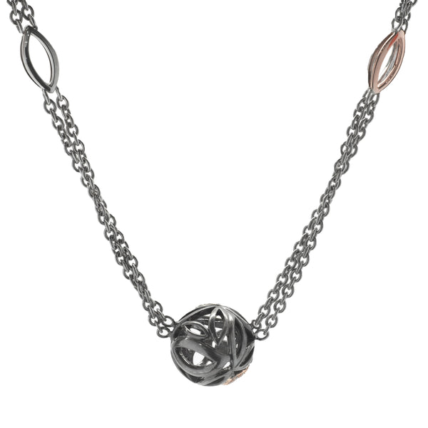 Hera Sterling Silver and 18 Karat Rose Gold Station Necklace with Diamond Leaf Ball