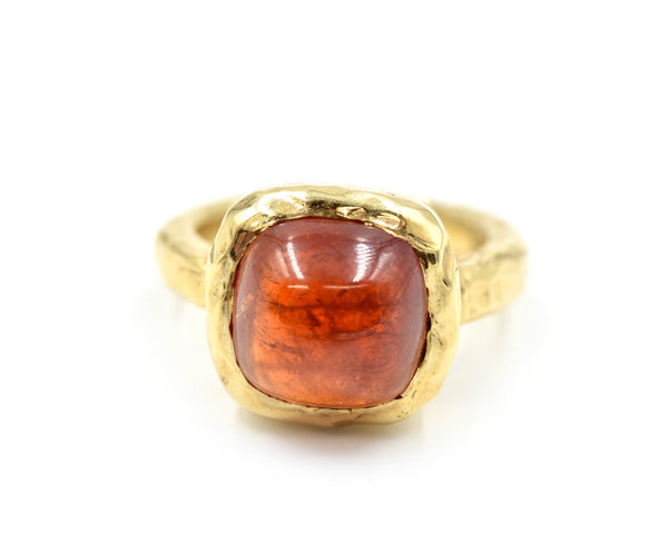 Cabochon Red Tourmaline 14k Yellow Gold Hammered Ring