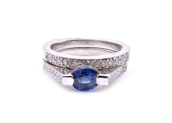 1.00 Carats Sapphire and Diamond 18k White Gold Ring Set