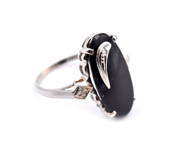 14k White Gold Onyx and Diamond Ring