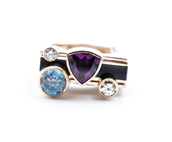 14k Yellow Gold Garnet, Zircon, Diamond, and Onyx Geometric Ring