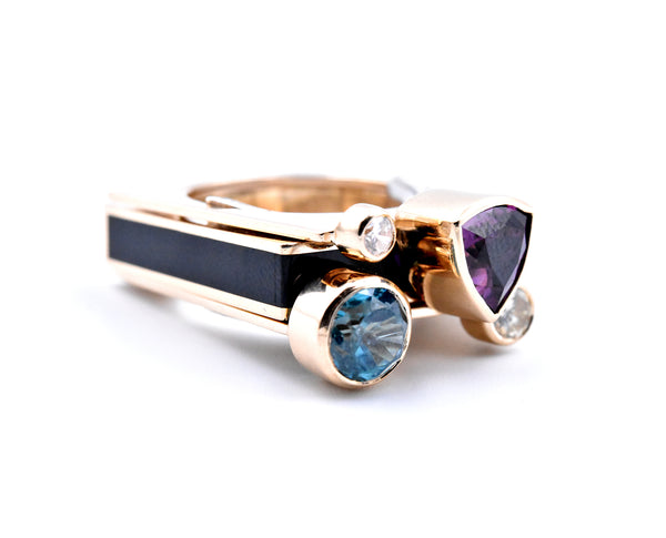 14k Yellow Gold Garnet, Zircon, Diamond, and Onyx Geometric Ring