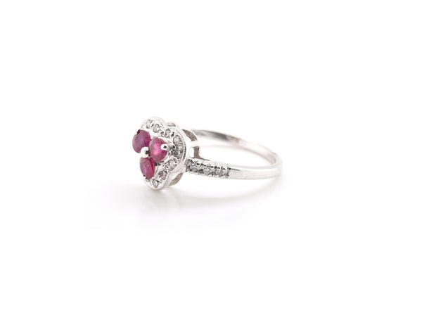 14k White Gold Ruby Trio and Diamond Ring