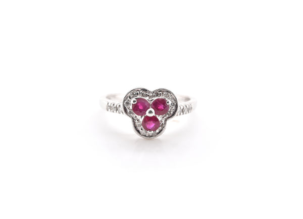 14k White Gold Ruby Trio and Diamond Ring