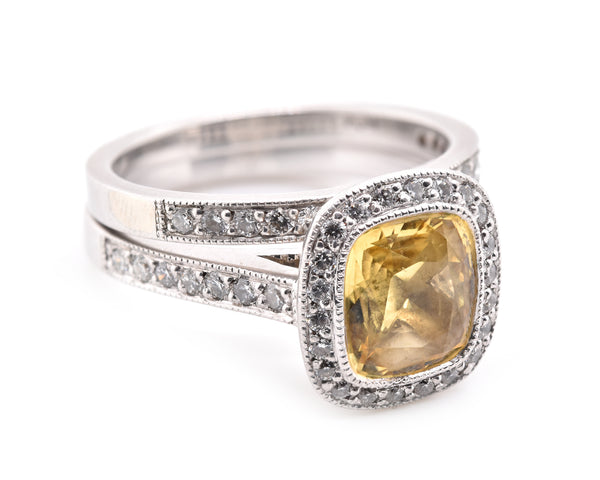 Platinum Yellow Sapphire and Diamond Ring Set