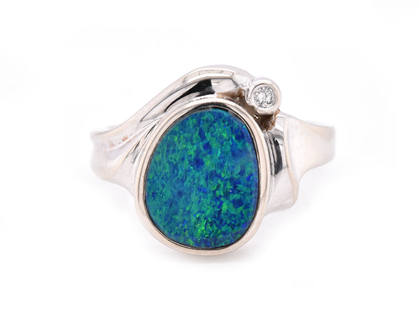 14 Karat White Gold Vintage Black Opal and Diamond Ring