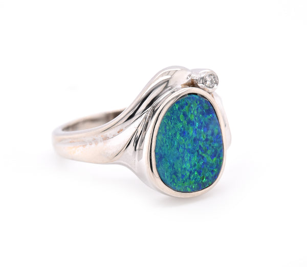 14 Karat White Gold Vintage Black Opal and Diamond Ring