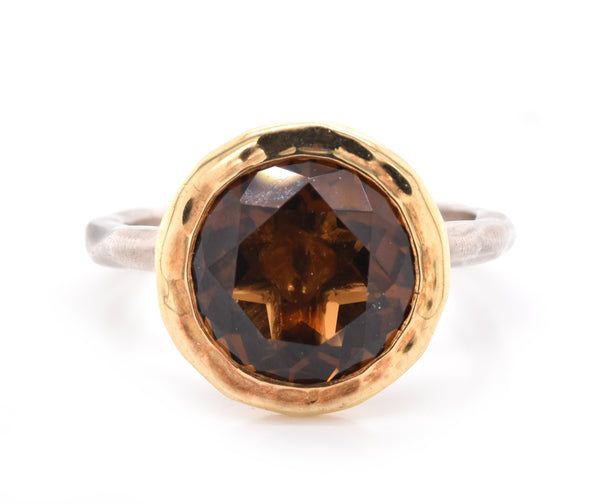 18 Karat Yellow Gold and Sterling Silver Cognac Quartz Ring