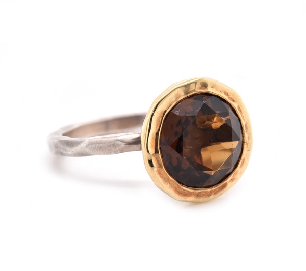 18 Karat Yellow Gold and Sterling Silver Cognac Quartz Ring