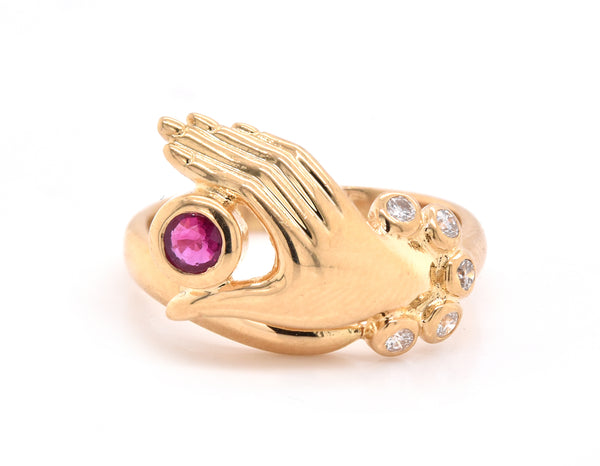 18 Karat Yellow Gold Diamond and Ruby Hand Ring