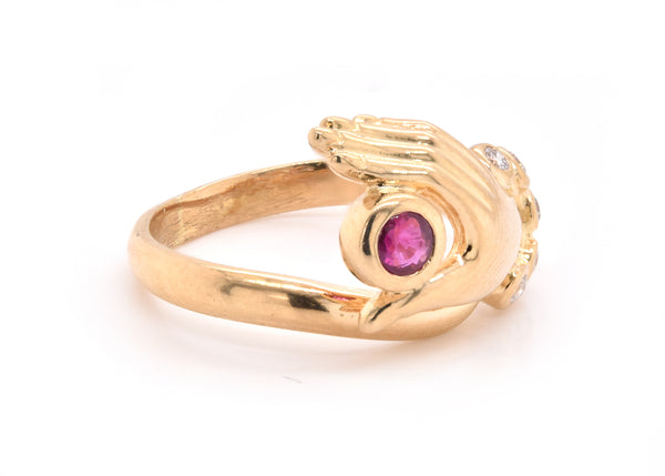 18 Karat Yellow Gold Diamond and Ruby Hand Ring