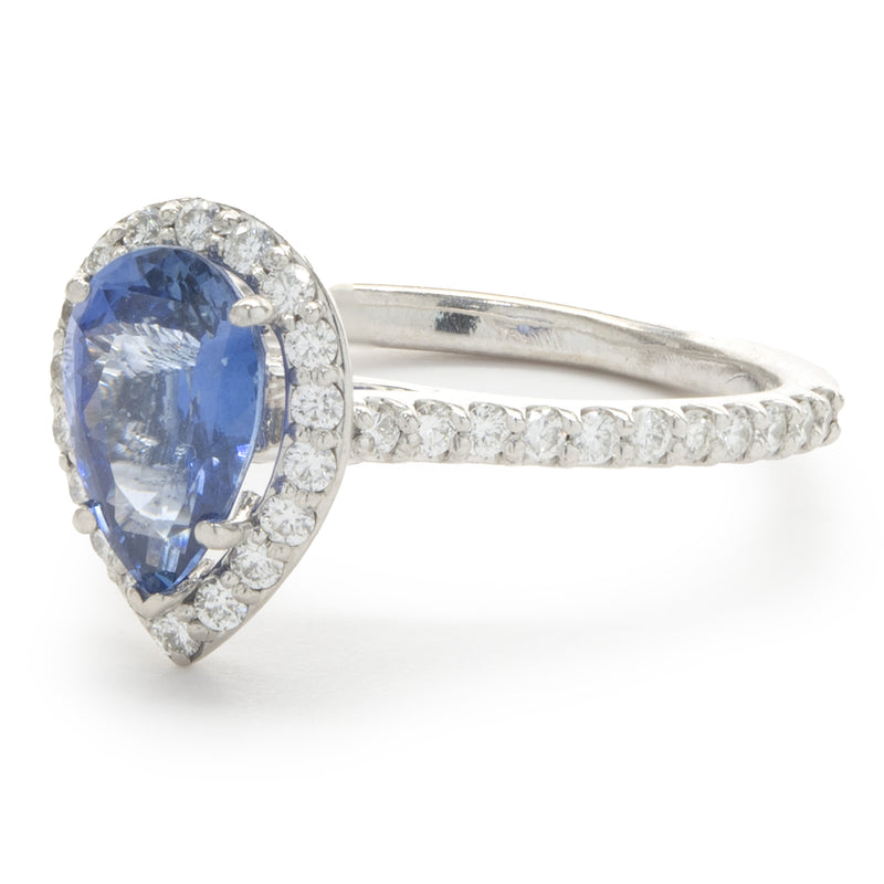 14 Karat White Gold Pear Cut Sapphire and Diamond Ring