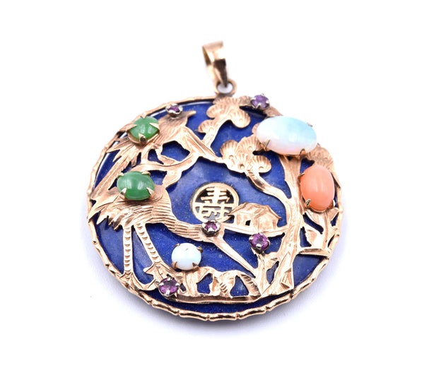 14k Yellow Gold Lapis, Jade, Opal, and Ruby Asian Style Pendant