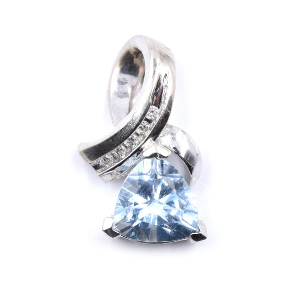 14 Karat White Gold Trillion Cut Blue Topaz and Diamond Pendant