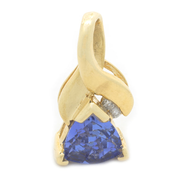 14 Karat Yellow Gold Trillion Cut Tanzanite and Diamond Pendant