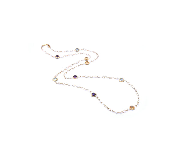 14 Karat Yellow Gold Multi-Gemstone Station Necklace