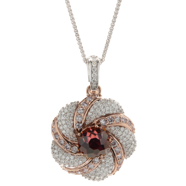 Chromia 18 Karat Rose and White Gold Red Tourmaline and Pave Diamond Flower Necklace