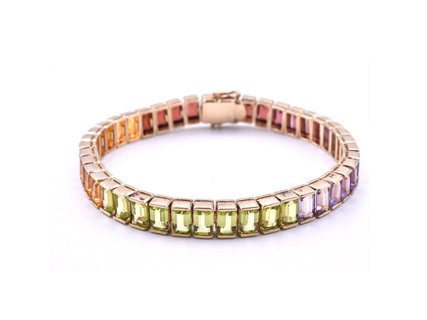 14k Yellow Gold Rainbow Multi Gemstone Tennis Bracelet