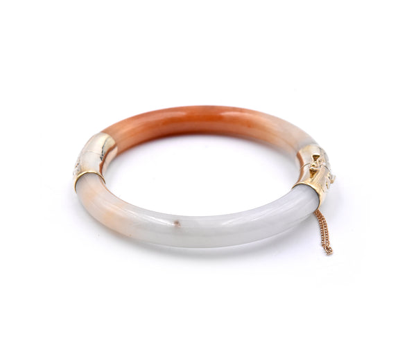 14k Yellow Gold White and Burnt Orange Jade Bangle Bracelet