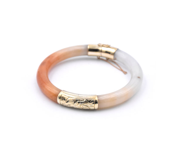 14k Yellow Gold White and Burnt Orange Jade Bangle Bracelet