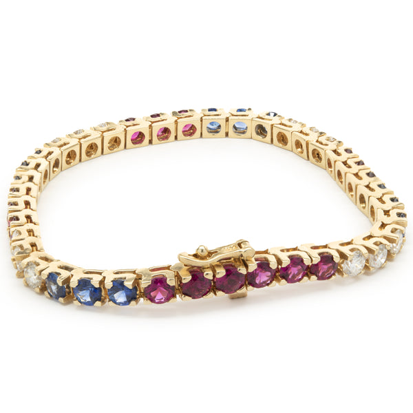 14k Yellow Gold Diamond, Ruby, and Sapphire Tennis Bracelet