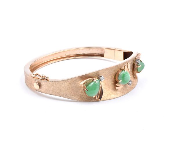 14 Karat Yellow Gold Vintage Jade Bee and Diamond Bangle Bracelet