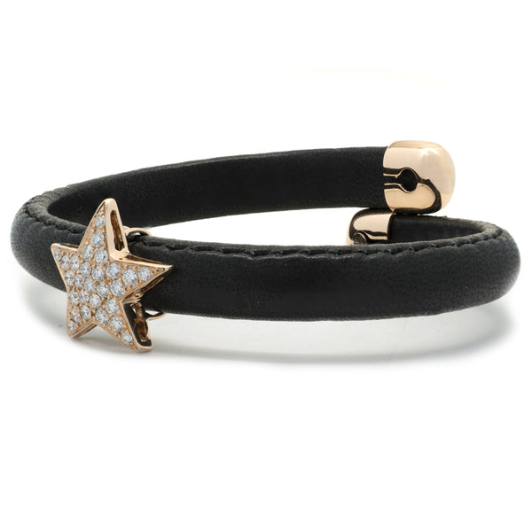 18 Karat Rose Gold Black Leather Diamond Solo Star Wrap Bracelet