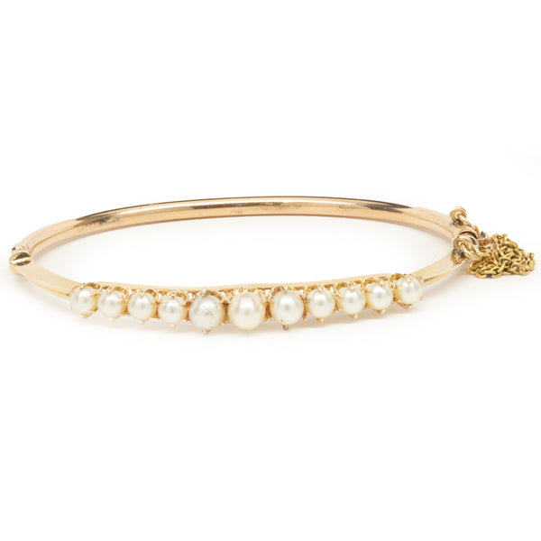 14 Karat Yellow Gold Vintage Pearl Bangle Bracelet