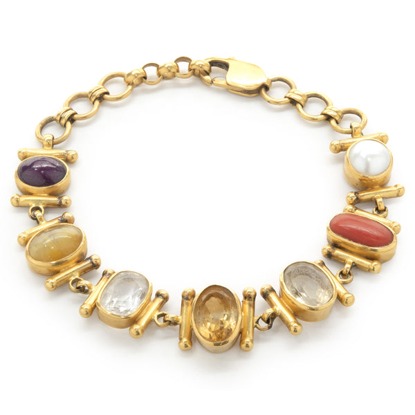 21 Karat Yellow Gold Bezel Set Multi Gemstone Ornate Link Bracelet