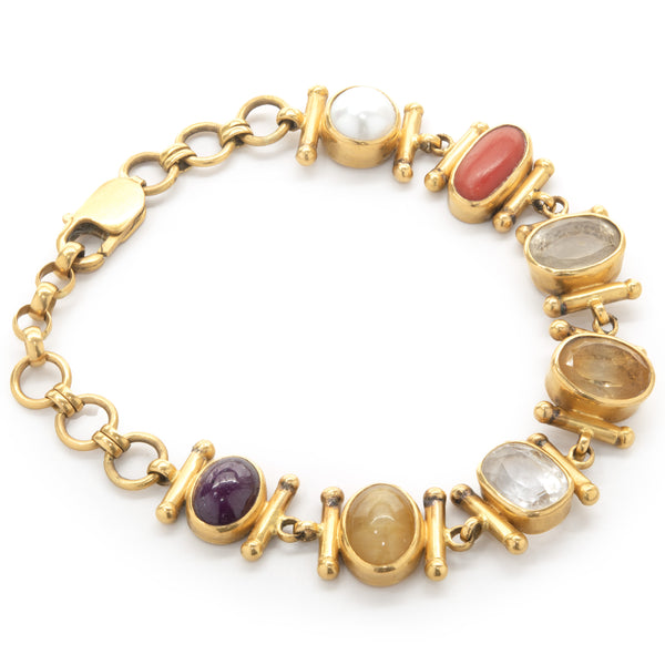 21 Karat Yellow Gold Bezel Set Multi Gemstone Ornate Link Bracelet