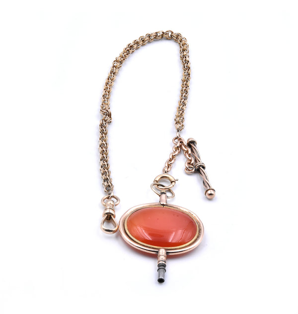 Vintage 14 Karat Yellow Gold Carnelian Fob on 10 Karat Yellow Gold Chain