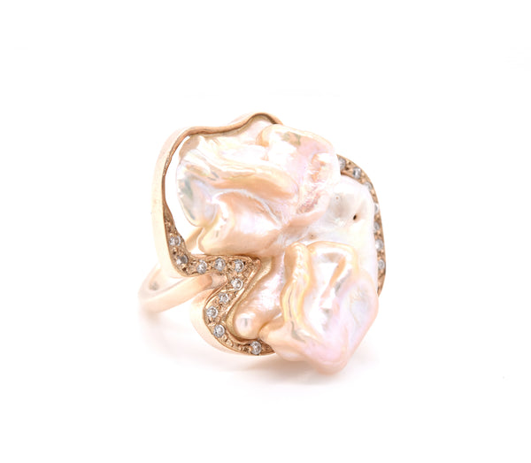 9 Karat Yellow Gold Free Form Mother of Pearl and Diamond Ring