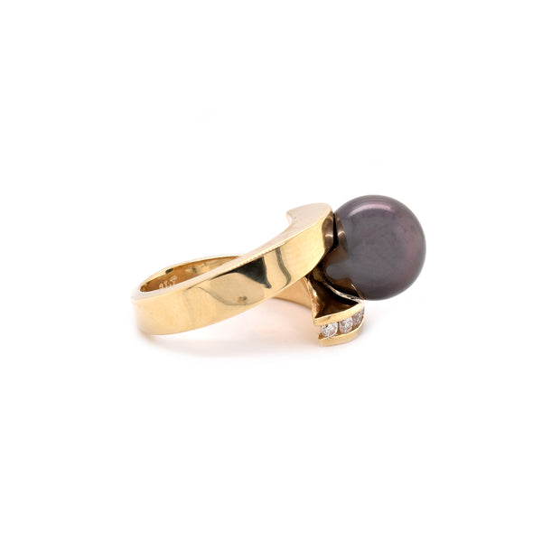 14 Karat Yellow Gold Tahitian Pearl and Diamond Bypass Ring