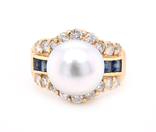 14 Karat Yellow Gold Pearl, Diamond, and Sapphire Fashion Ring