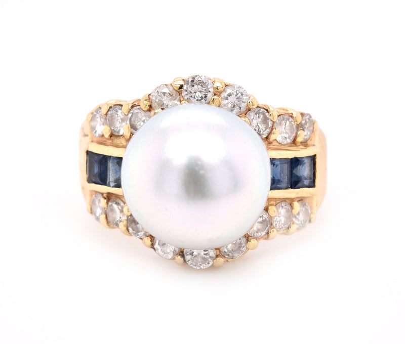 14 Karat Yellow Gold Pearl, Diamond, and Sapphire Fashion Ring