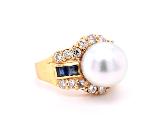 14 Karat Yellow Gold Pearl, Diamond, and Sapphire Fashion Ring