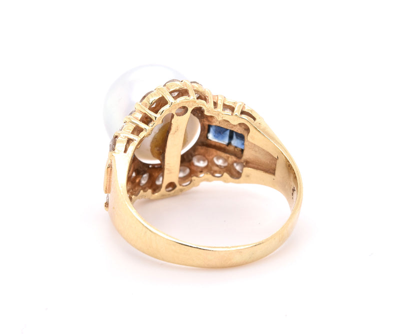 14 Karat Yellow Gold Pearl, Diamond, and Sapphire Fashion Ring