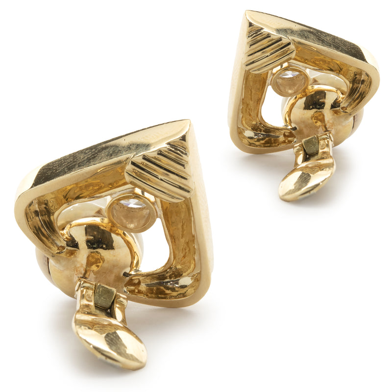 Andrew Clunn 18 Karat Yellow Gold Bezel Set Diamond and Pearl Spade Earrings