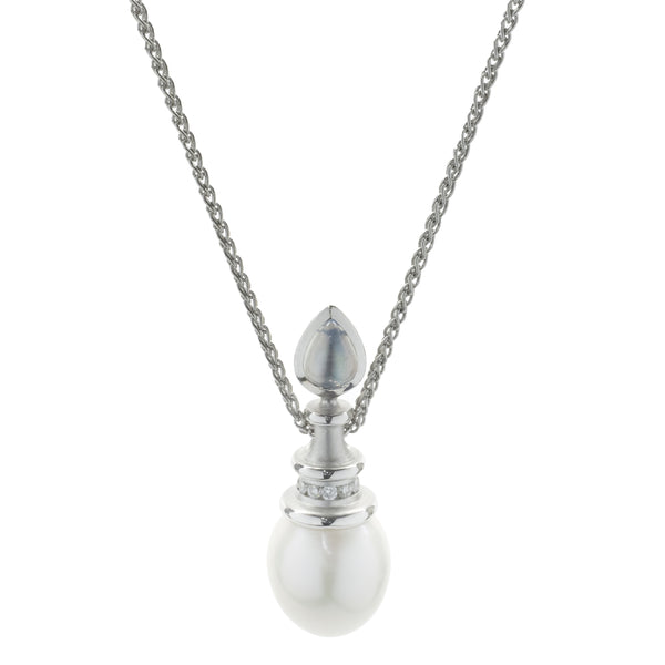 18 Karat White Gold South Sea Pearl, Diamond and Moonstone Drop Necklace