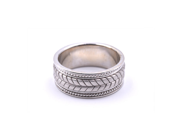 Gents 14k White Gold Carved Rope Band